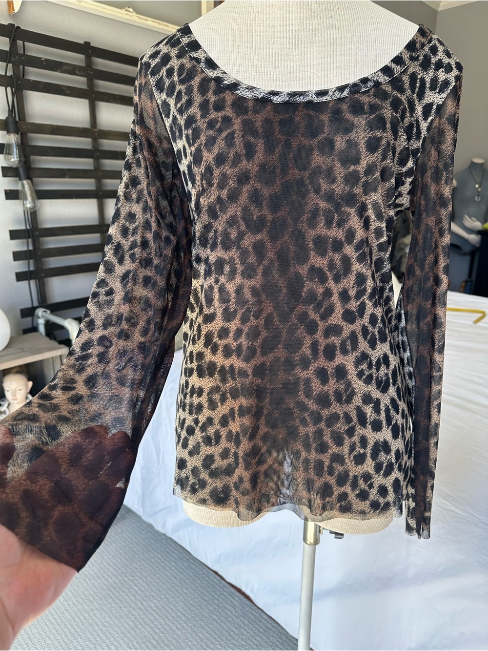 INC Brown and Black Leopard Sheer Long Sleeve Top, size XL